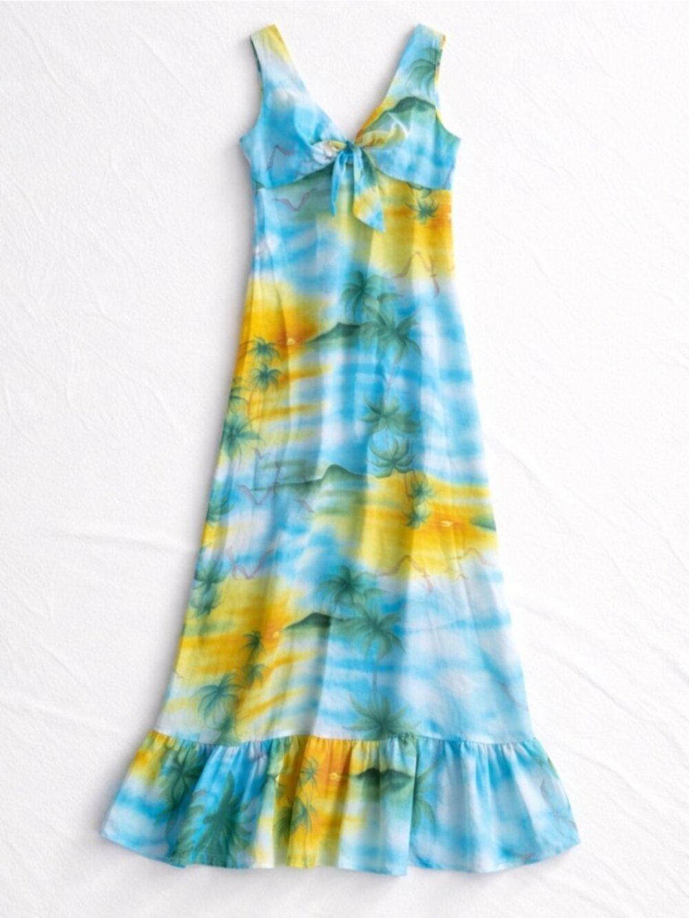 Pomare Honolulu Hawaii Tropical Maxi Dress Blue Yellow Palm Print Ruffle Hem 80s